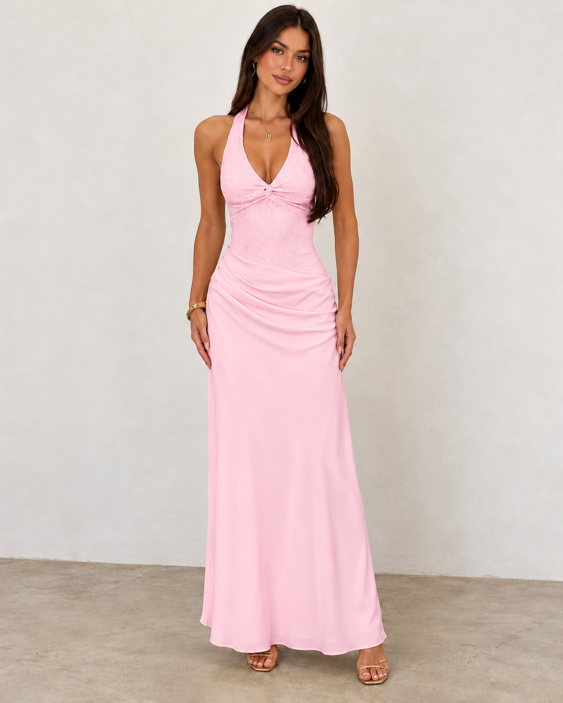 Baby Pink Halter Maxi Dress - 12369
