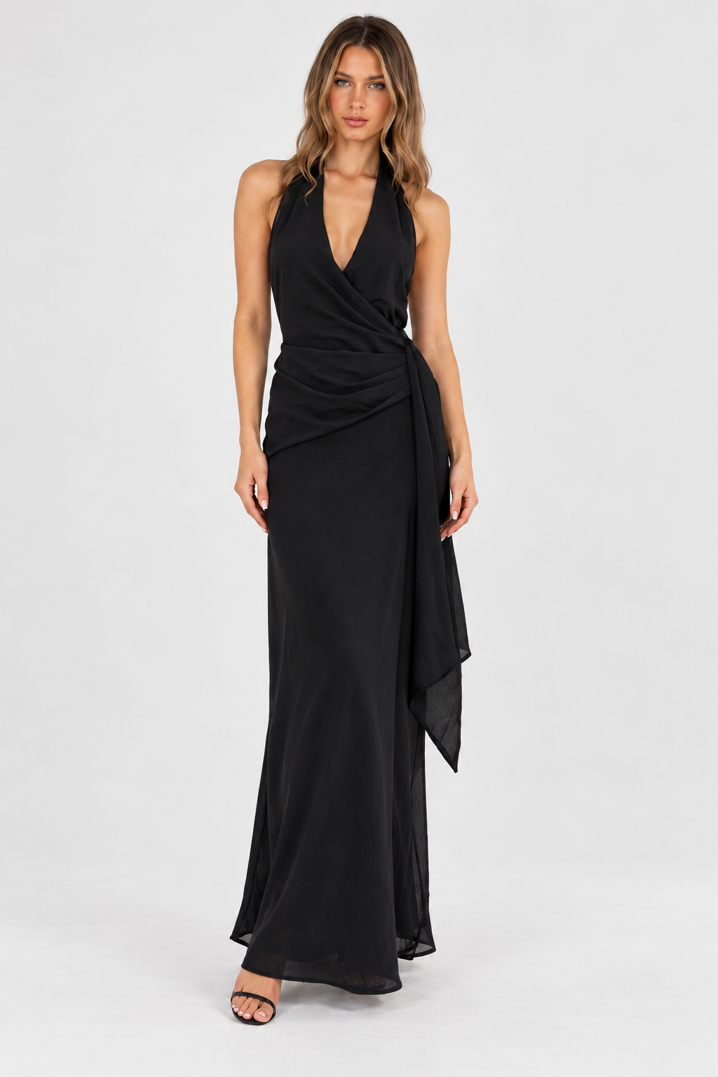 Anna Halter Neck Draped Maxi Dress Black - 8535