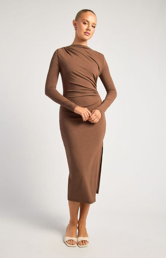 Cleo Long Sleeve Midi Dress Brown - 1550