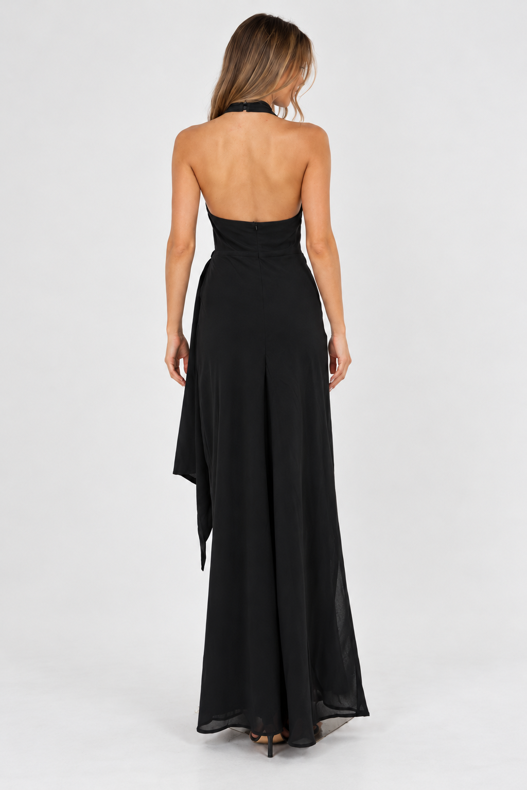 Anna Halter Neck Draped Maxi Dress Black - 8535