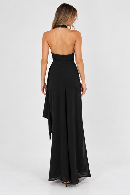 Anna Halter Neck Draped Maxi Dress Black - 8535