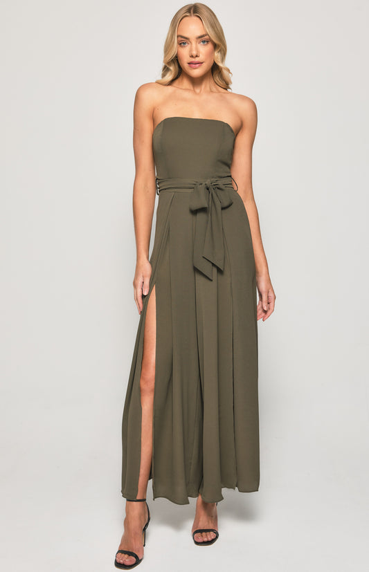 Split Leg Waist Detail Jumpsuit Khaki- SSJP7 image 0